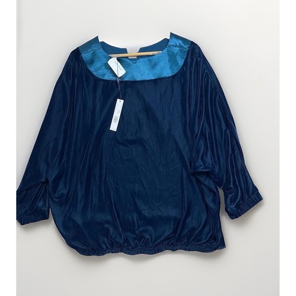 NWT TAHARI Women XL Blue Top Polka Dot Sheer Balloon Sleeve Scoop Neck